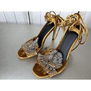 ASOS Heels Gold Yellow Velvet Stiletto Embellished Beaded Strappy Size 7